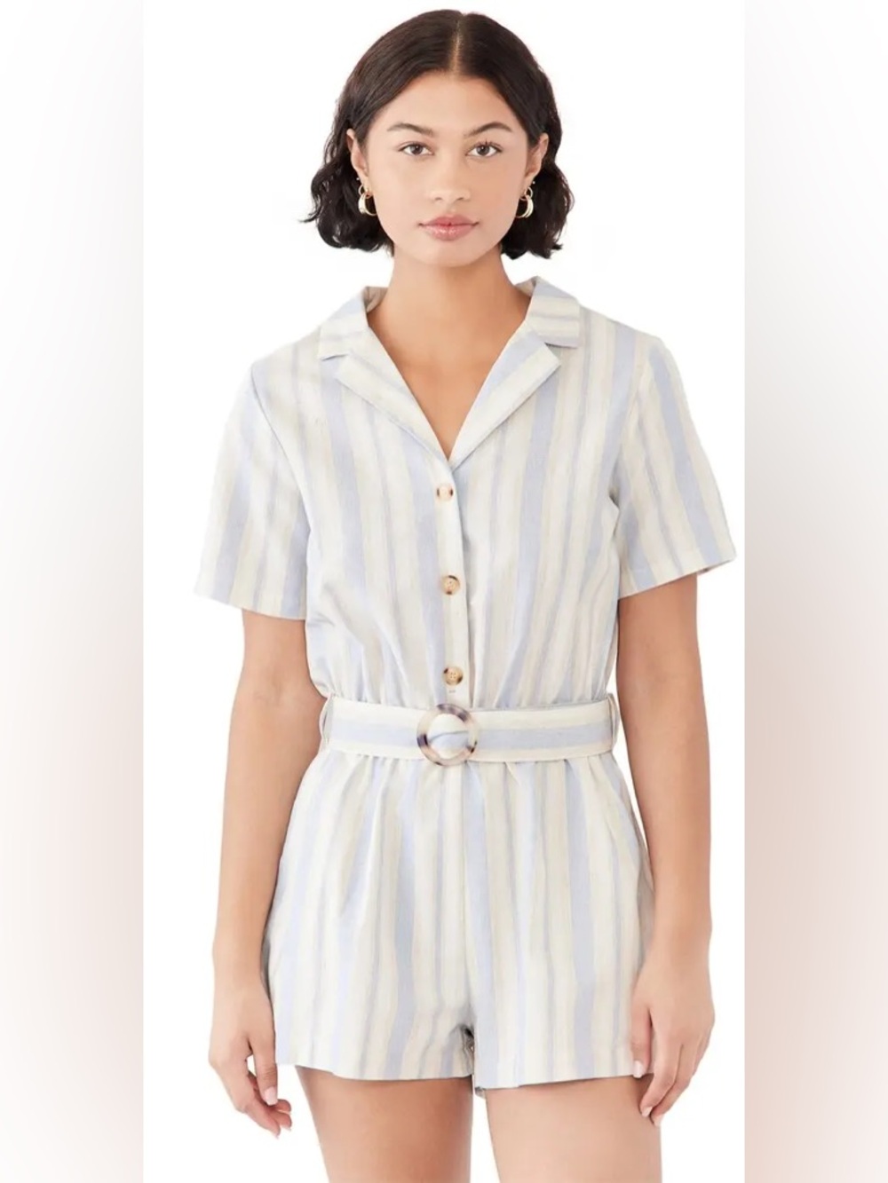 Lost + Wander Striped Linen-Blend Romper in Light Blue and Cream